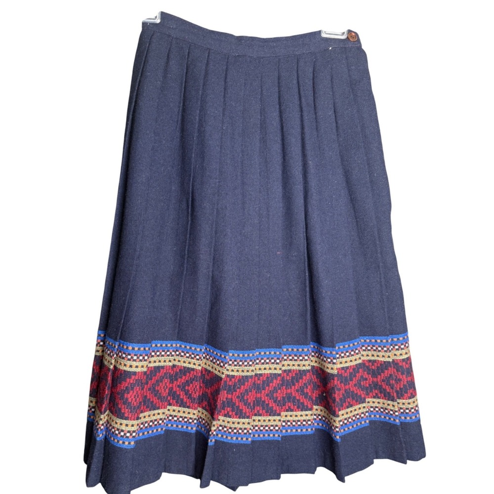 Vtg 70s Navy Blue Pleated Midi Skirt Geometric Fair Isle Hem High Waist Wool